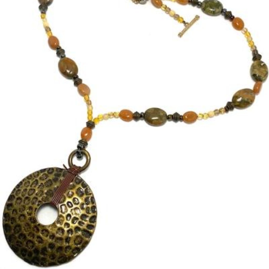 Handmade Necklace By Surdigirl - Hammered Disc, Jasper & Amber